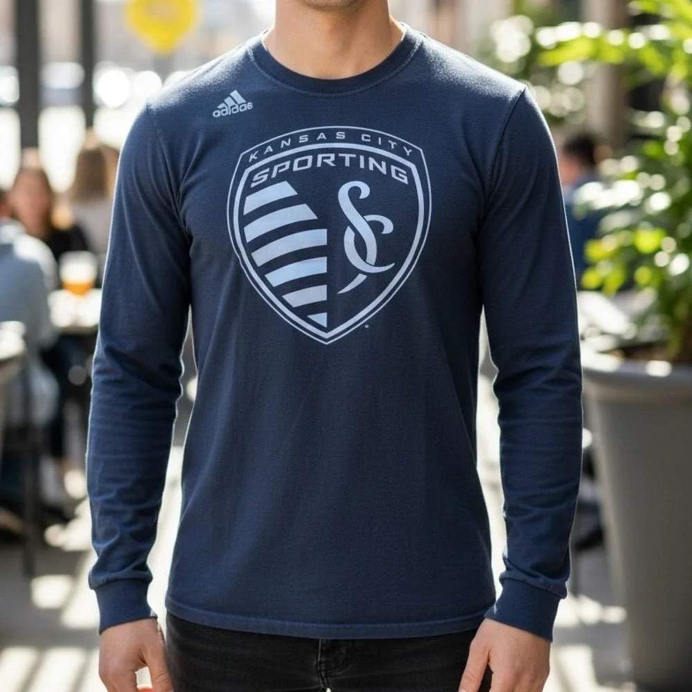 Adidas Sporting Kansas City MLS Long Sleeve Graphic‎ T-Shirt Navy Blue Mens